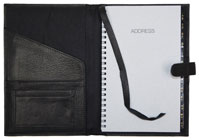 black leather journal with wirebound leatherette tabbed address book