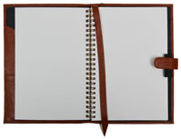 wirebound blank journal with camel colored leather cover