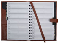 wirebound address book with camel colored leather cover
