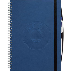 blue wirebound journal with elastic pen loop