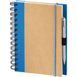 wirebound recycled journal with blue cloth trim