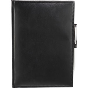 double stitched black leather journal book with elastic pen loop