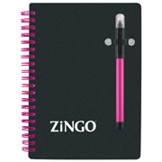 black journal with hot pink pen and spiral binding