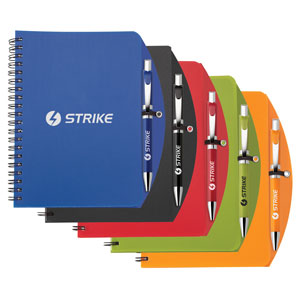 blue, black, red, green and orange poly journals with pen holders