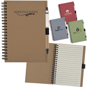 tan, red, blue and green recycled notebooks with paper pens